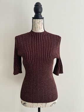 ME+EM Ribbed Short-Sleeve Crew Sweater in Burgundy with Metallic Gold Thread.